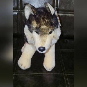 BNWT Plush Dog Wolf "LOUP" Black/Brown & Cream. Designed By Bass Pro Shops!